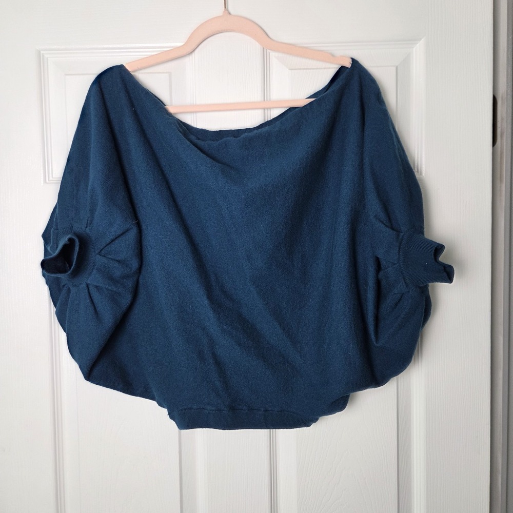 Trina Turk 100% Merino Wool Teal Balloon Sleeve Cropped Sweater One Size